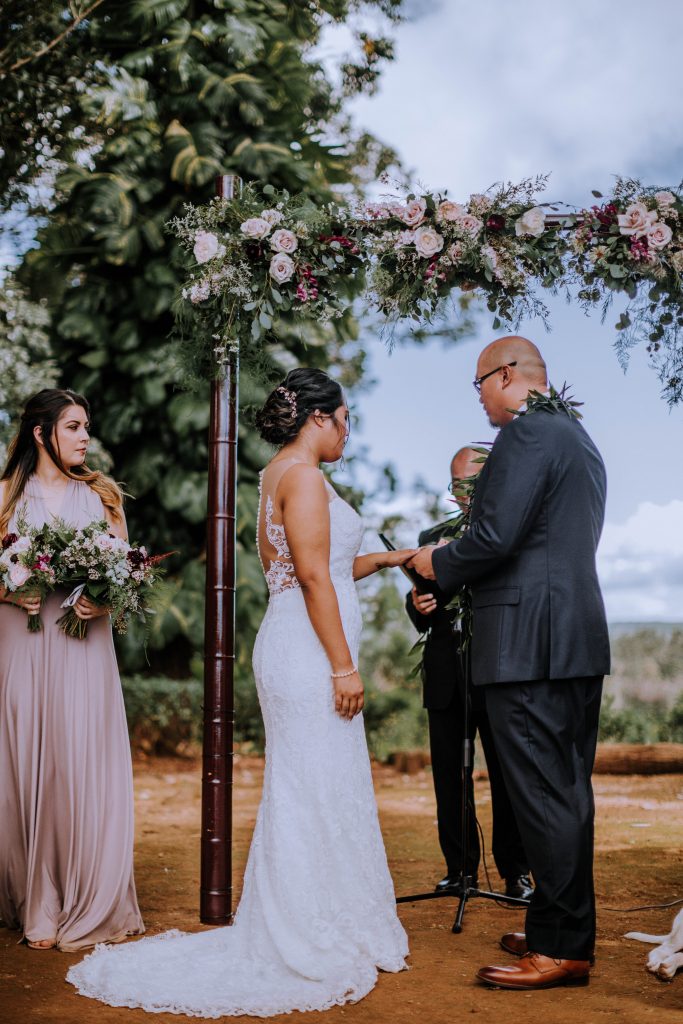 wedding ceremony at sunset ranch Oahu, Hawaii