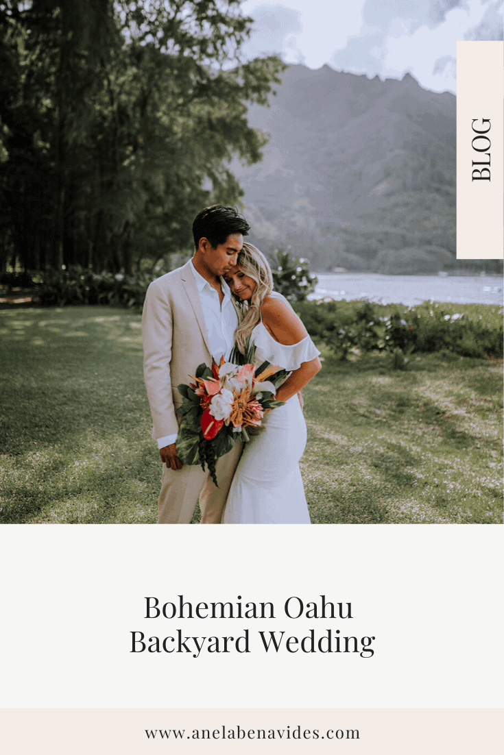 Bohemian Oahu Backyard Wedding including wedding bride and groom portraits, wedding cake, wedding flowers, wedding wedding decor, wedding details by Anela Benavides #wedding